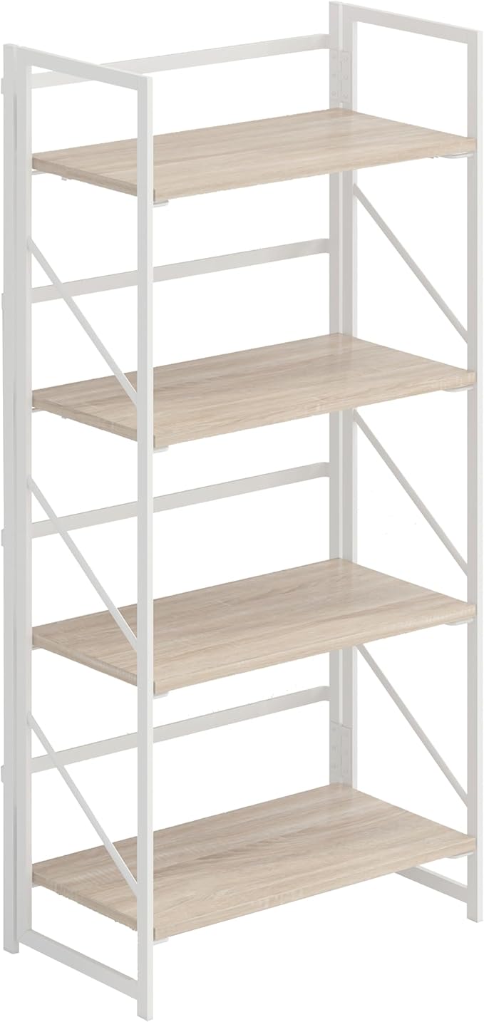 JSB No Assembly Folding Bookshelf, 4 Tier Industrial Metal Book Shelf for Storage, Vintage Wood foldable Bookcase for Living Room, Bedroom, Office Organization Shelves