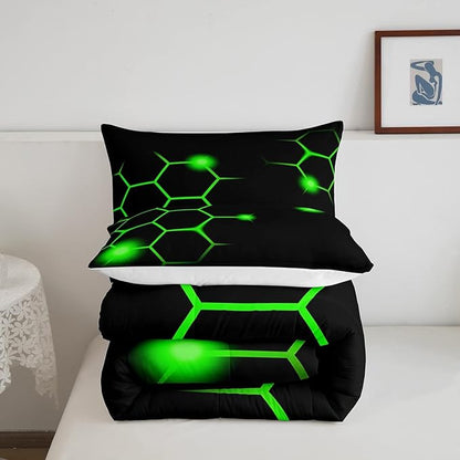 Hexagonal Comforter Set Geometric Honeycomb Bedding Set for Kids Adults Neon Green Black Comforter Modern Hexagon Beehive Quilt Set Ultra Soft Room Decor Twin Size Bedroom Collection 2Pcs