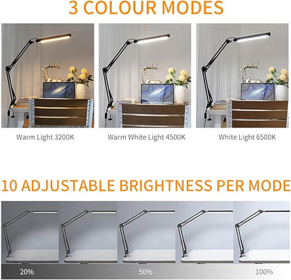 LED Metal Swing Arm Desk Lamp with Clamp, 14W Eye-Caring 3 Modes, 30 Brightness Dimmable, Memory Function/USB Adapter, Architect Table Light for Home Office (Black)