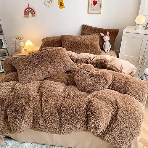 Faux Fur Kids Girls Coffee Comforter Sets Twin/Full - 3PC Bed Set Warm Comfortable Soft Plush Flannel Velvet Fluffy Fuzzy Bedding（Comforter x 1 Pillowcases x 2）