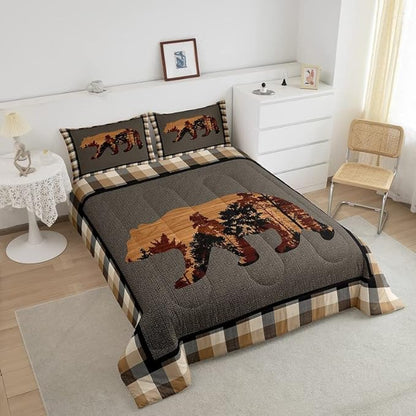 Cute Bear Comforter Set Wild Animal Pattern Bedding Set for Teens Nature Wildlife Bear Bedding Set Western Farmhouse Orange Grey Duvet Set Room Decor Full Size Duvet Set 3Pcs