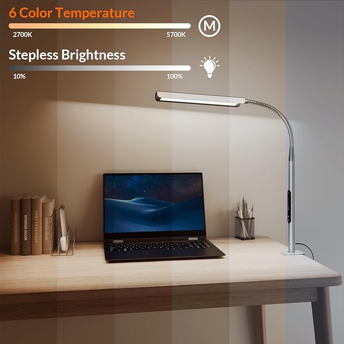 Desk Lamps for Home Office, RG0 Eye-Caring Desk Light, 750LM Desk Lamp, 10 Brightness Touch Table Lamp, 6 Color Temperature, 3 Timer Function, Metal Gooseneck Desk Lamp for Home & Office
