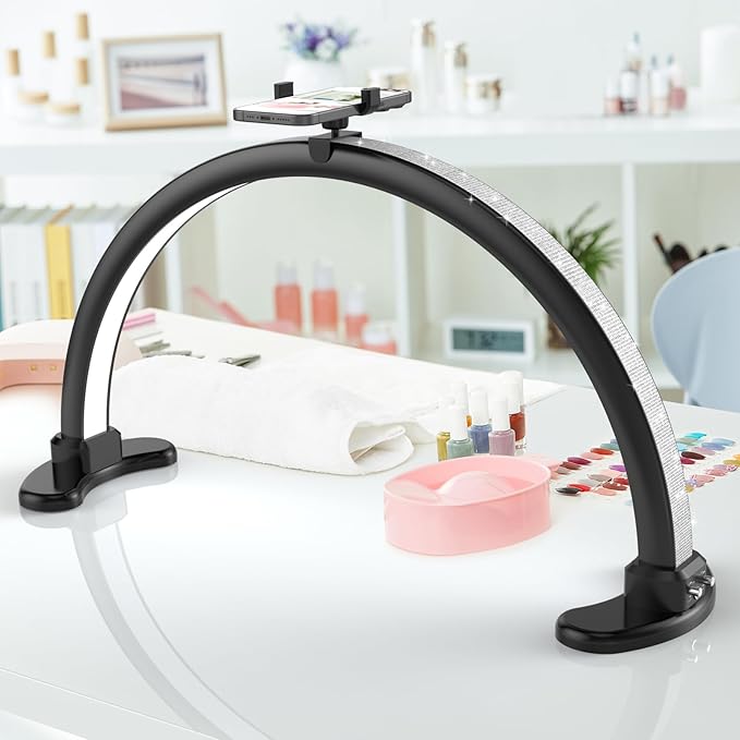 Large Super Bright Half Moon LED Light for Table Nail Desk, Professional Nail Lamp for Desk for Nail Techs with Phone Stand Perfect for Nails Tech Manicure - 45W (Black)