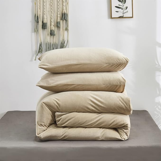 Wellboo Beige Velvet Comforter Sets King Solid Cream Coffee Fluffy Bedding Comforters Luxury Champagne Flannel Quilts Women Men Light Taupe Fuzzy Blankets Modern Minimalist Khaki Tan Sherpa Plush Bed
