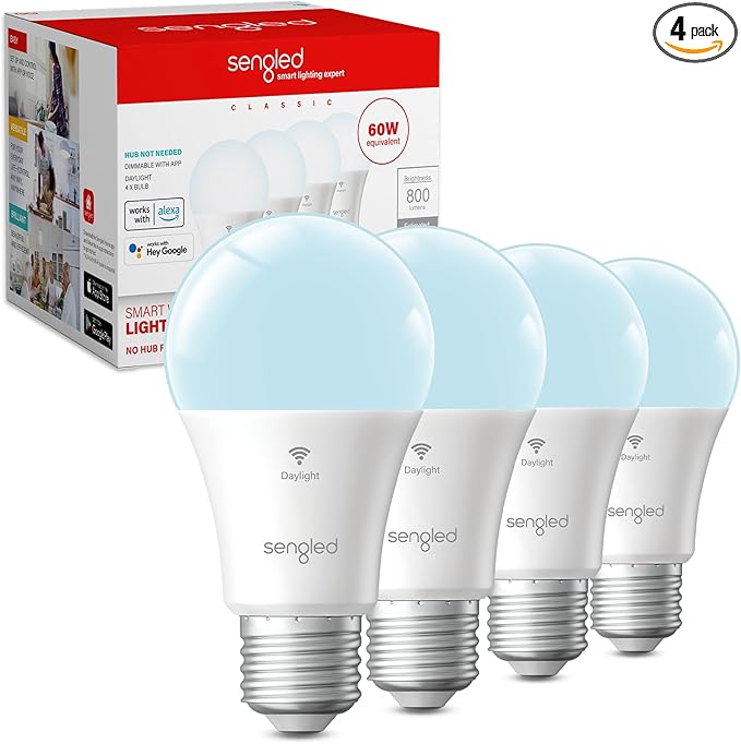 Sengled G2 Smart Light Bulbs That Compatible with Alexa & Google Assistant, Wi-Fi & Bluetooth LED Light Bulbs Dimmable, Led Bulbs 5000K Daylight, No Hub Required, 60W Equiv. 800LM CRI>90, 4 Pack