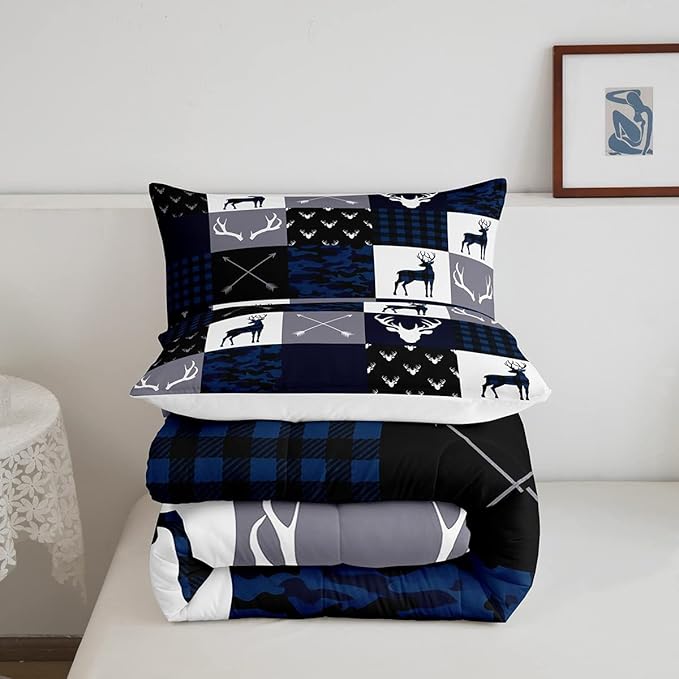 Manfei Camo Deer Antlers Comforter Set Full,Geometric Plaid Patchwork Bedding 3pcs for Kids Teens Girls Boys Room Xmas Quilt Set,Blue Grey Duvet Insert with 2 Pillowcases (WWS10843GYY-BZ_USf)