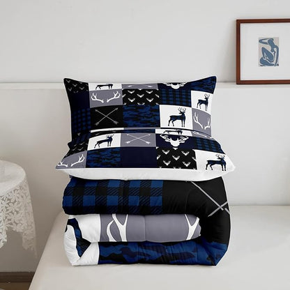 Manfei Camo Deer Antlers Comforter Set Twin,Geometric Plaid Patchwork Bedding Set 2pcs for Kids Teens Girls Boys Room Decor,Boho Arrow Xmas Quilt Set,Blue Grey Duvet Insert with 1 Pillowcase