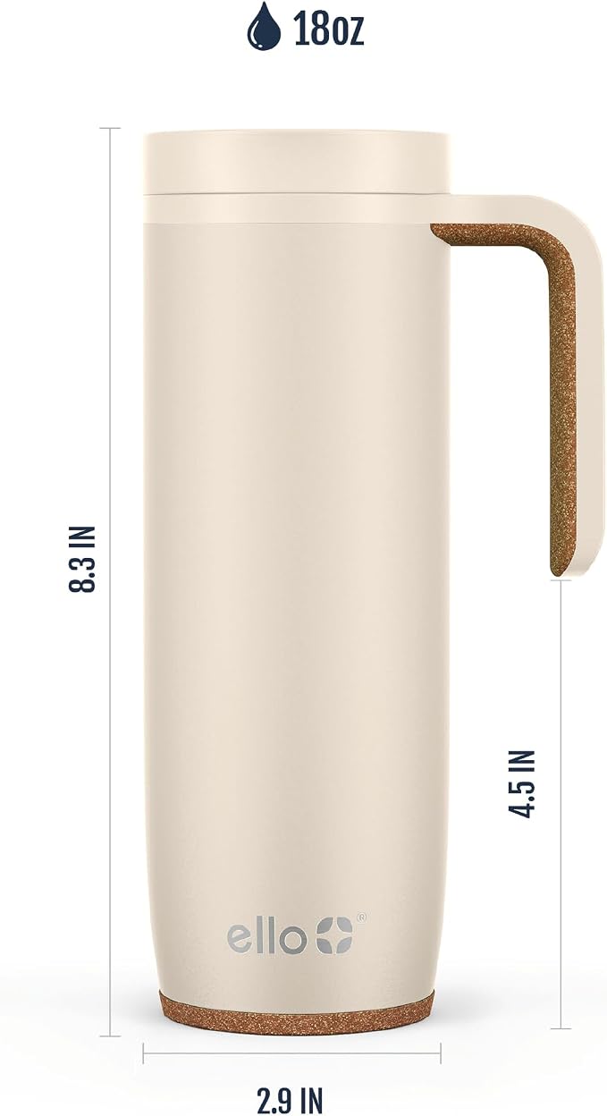 Ello Magnet 18oz Vacuum Insulated Stainless Steel Travel Mug with Side Handle and Leak-Proof Slider Lid and Built-in Coaster, Keeps Hot for 5 Hours, Perfect for Coffee or Tea, BPA-Free