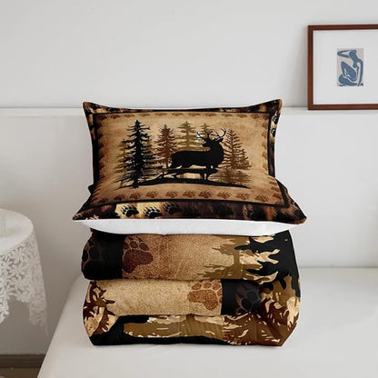 Feelyou Cute Deer Comforter Set for Girls Boys Kids Deer Hunting Bedding Set Room Decorative Bear Paw Print Tree Pattern Bedding Set Exotic Style Brown Duvet Set Queen Size 3Pcs Quilt Set