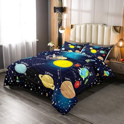 Erosebridal Outer Space Comforter Set Starry Sky Bedding Set Queen Size for Kids Boys Girls Room Galaxy Planet Space Duvet Sets Solar System Cartoon Down Comforter 3 Pieces with 2 Pillow Cases, Blue