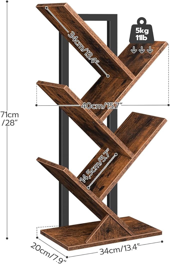 HOOBRO Tree Bookshelf, 5-Tier Bookcase Wooden Shelves, Floor Standing Storage Rack, for Display of CDs, Books in Living Room, Home Office, Wood Storage Rack for Bedroom, Rustic Brown BF04SJ01G1