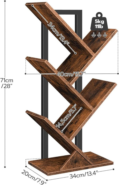 HOOBRO Tree Bookshelf, 5-Tier Bookcase Wooden Shelves, Floor Standing Storage Rack, for Display of CDs, Books in Living Room, Home Office, Wood Storage Rack for Bedroom, Rustic Brown BF04SJ01G1