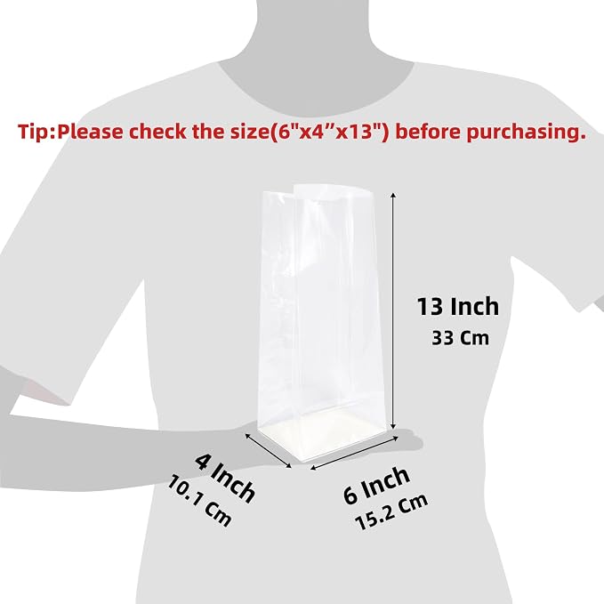 Morepack Gusseted Flat Bottom Cellophane Bags 6x4x13 Inch 50Pcs | with Paper Insert