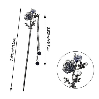 6PCS Chinese Hair Sticks Set, Black Japanese Hair Stick with Pearl Flower Butterfly Design Metal Hair Chopsticks Hair Bun Updo Holders Long Thick Hair Accessories for Women