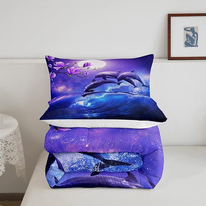 Galaxy Dolphin Bedding Set King Coastal Ocean Waves Comforter Set Night Star Moon Cherry Blossoms Comforter for Kids Girls Teens Sea Animal Starry Sky Quilt Duvet Purple Blue Marine Room Decor 3 Pcs