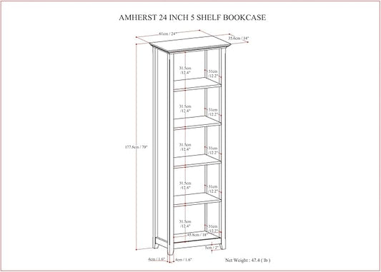 SIMPLIHOME Amherst SOLID WOOD Transitional 5 Shelf Bookcase for The Living, Study Room and Office, 24 inch, Hickory Brown