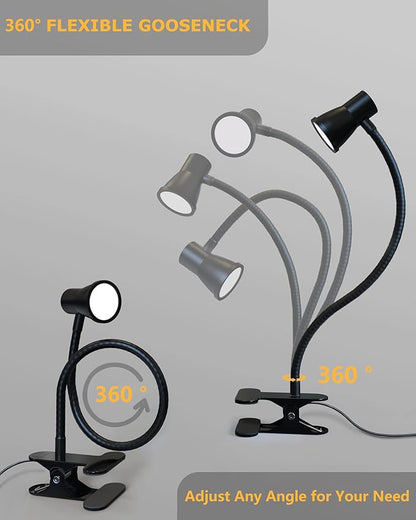 Clip on lamp for Bed Headboard with Clamp for Reading, Small Clip on Light for Desk or Bedside, Flexible Gooseneck Small Clamp Light has 3 Color Modes 10 Brightness.(Black)