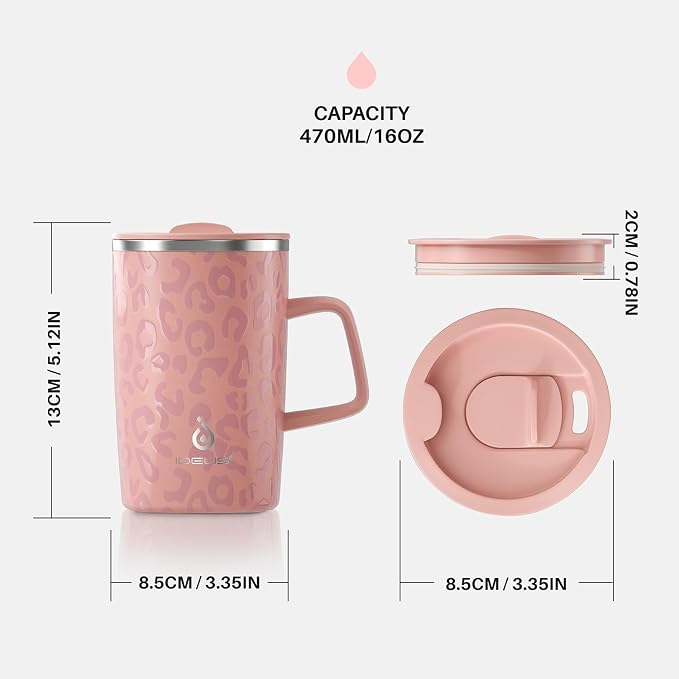 Ideus 16 oz Insulated Stainless Steel Coffee Mug with Lid, Leopard Pink | Perfect for home, office, or daily use| Easy to clean wide mouth| Sweat-proof| On the go