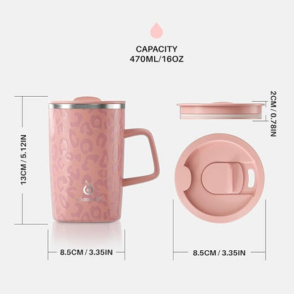 Ideus 16 oz Insulated Stainless Steel Coffee Mug with Lid, Leopard Pink | Perfect for home, office, or daily use| Easy to clean wide mouth| Sweat-proof| On the go