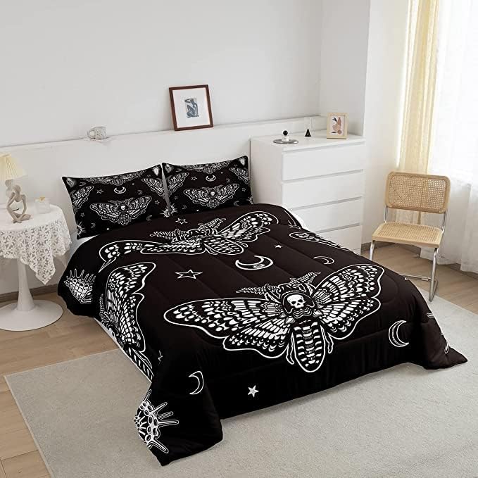 Feelyou Boys Boho Moth Comforter Set King Size Men Gothic Skull Bedding Set for Girls Women Bedroom Decor Bohemian Moon Star Comforter Personalized Moth Skull Skeleton Bones Duvet Set Teens Quilt Set