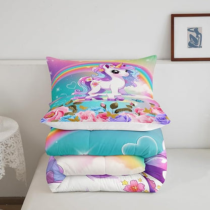 Cartoon Unicorn Kids Comforter Set Full Size,Roses Flowers Butterfly Princess Bedding Set,Girls Women Room Decor,Rainbow Unicorn Cute Down Comforter,Pink Blue Romantic Duvet Insert,2 Pillowcases