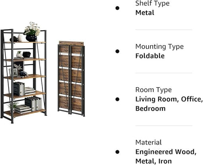 No-Assembly Folding Bookshelf Storage Shelves 5 Tiers Vintage Multifunctional Plant Flower Stand Storage Rack Shelves Bookcase for Home Office(Firestone and Black)