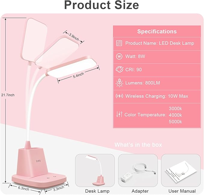 Sailstar Cute Desk Lamp, Pink Small Desk Lamp with Pen Holder, Wireless Charger LED Desk Lamps for Home Office, Kids Desk Lamp 800LM Gooseneck 3 Modes Dimmable Touch, Study Lamp for College Dorm Room