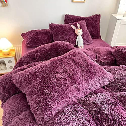 Faux Fur Kids Girls Grape Purple Comforter Sets Queen - 3PC Bed Set Warm Comfortable Soft Plush Flannel Velvet Fluffy Fuzzy Bedding（Comforter x 1 Pillowcases x 2）
