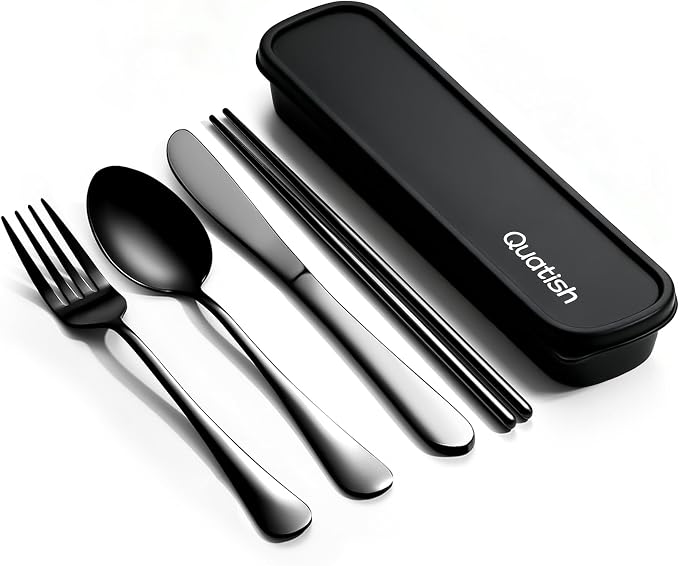 Travel Utensils with Case, Quatish 5 Piece Stainless Steel Silverware Set for Work, Portable Reusable Travel Cutlery Set, Fork and Spoon Set for Picnic, Camping, Gadgets, Lunch Box for Men, Black
