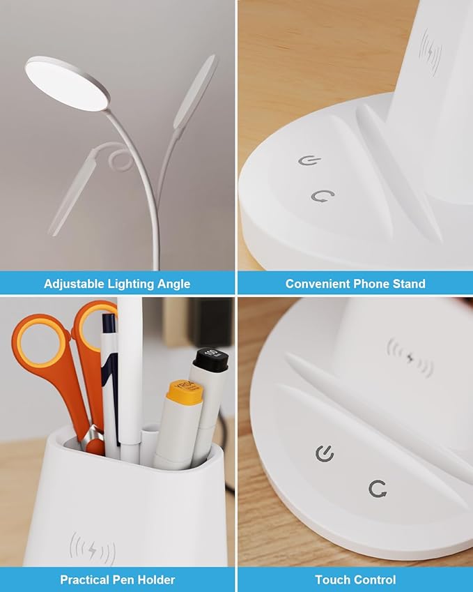 hansang LED Desk Lamp with Wireless Charger for Home Office, Stepless Dimmable, 3 Color Modes, Touch Control White Study Lamp for College Dorm Room, Pen Holder, CRI 90, 800 Lumen, Adapter Included