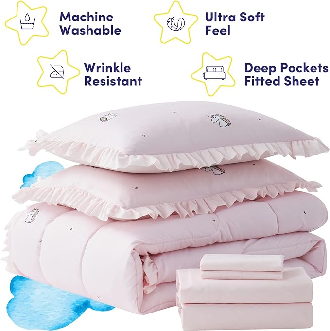 Kids Bedding Set Bed in a Bag for Boys and Girls Toddlers Printed Sheet Set and Comforter, Twin, Rainbow Unicorn (Pack of 4)
