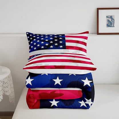 Feelyou American Flag Bedding Set Camouflage USA Flag Comforter Set Army Camo Flag Comforter Blue Red White Stars Comforter for All Season Room Decor King Size Boys