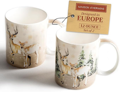 Maison d' Hermine Coffee Mug with Handles Tea Cups (12 Ounce, Pack of 2) | Fine Bone China Coffee Mugs for Hot Beverages Cappuccino Latte Home Restaurant Hotel Spring Summer -Deer In The Woods