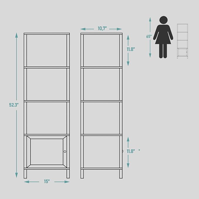 TUTOTAK 5 Tier Bookcase and Bookshelf, Narrow Book shelf with Door for Small Space, for Living Room, Office, Study, Entryway, White BS03BW005