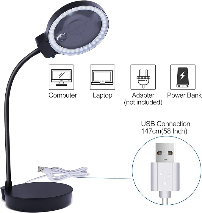 Magnifying Glass with Light and Stand, 10X 20X Magnifying Desk Lamp with Brightness Stepless Dimmable, Adjustable Gooseneck for Reading, Close Work, Hobbies