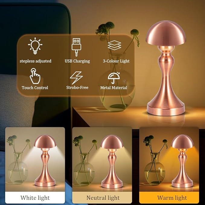 Portable LED Table Lamp, 3-Levels Brightness Metal Desk Lamp, 3 Color Touch Control Rechargeable Lamp, Night Light, Bedside Lamp,Dining Room Lamp (Rose Gold)