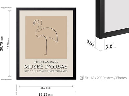 Poster Master Vintage Poster - Retro Minimalist Print - Gift for Artist, Housewarming - Flamingo, Line Drawing, Sketch, Abstract - Wall Decor for Living Room, Bedroom, 16x20 Black Framed