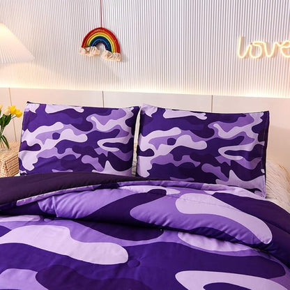 Meeting Story Camouflage Bedding Set, Purple Camouflage Comforter Set, 3 PCS One Comforter and Two Pillowcases, Lightweight Bedspread for Girls Teens Adults (Purple, Queen)
