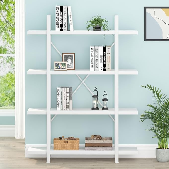 HSH 4 Tier White Bookshelf, Modern 4 Shelf Etagere Bookcase, Industrial Wood and Metal Storage Shelves and Display Book Rack, Farmhouse Open Wide Book Shelf for Bedroom Living Room Office, White Oak