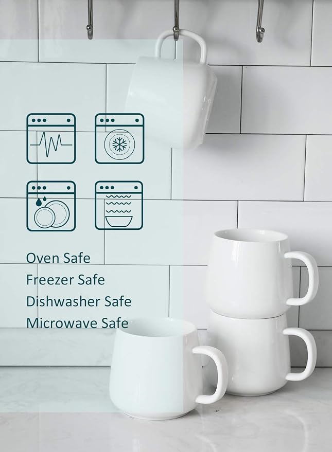 Teocera Coffee Mugs Set of 4-12oz Chip-Resistant Ceramic Cups with Ergonomic Handle | Dishwasher & Microwave Safe White Mugs | Keeps Beverage Hot, Perfect for Family Kitchen & Holiday Gifts