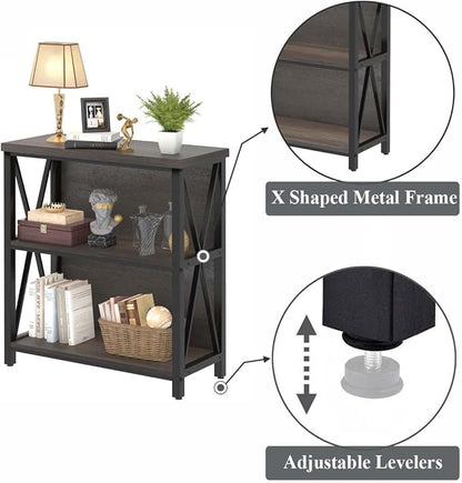 FATORRI Rustic Short 2 Shelf Bookshelf, Industrial Low Wood Bookcase, Farmhouse Small Book Case for Small Space (Walnut Brown)