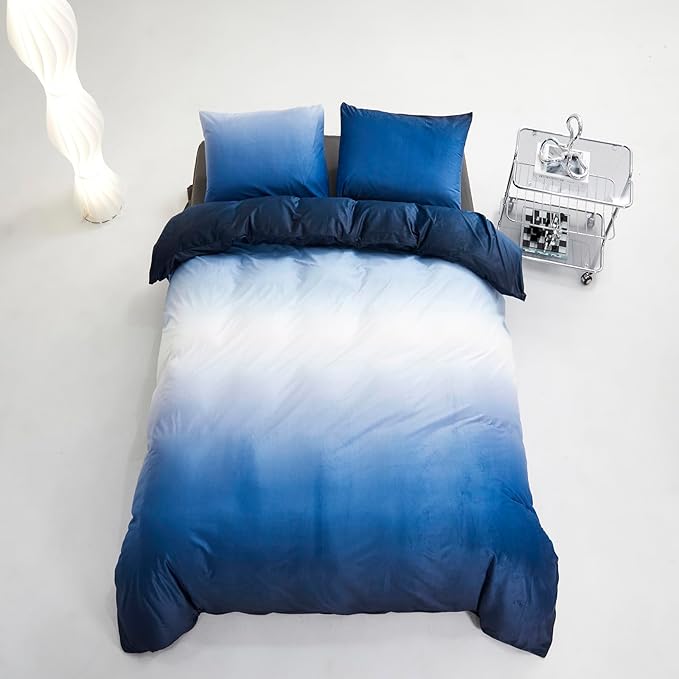 Blue White Gradient Comforter Set Queen Blue Velvet Bedding Comforter Modern Plain White and Royal Blue Gradient Soft Quilt Farmhouse Flannel Comforter Warm Queen Bed Comforter