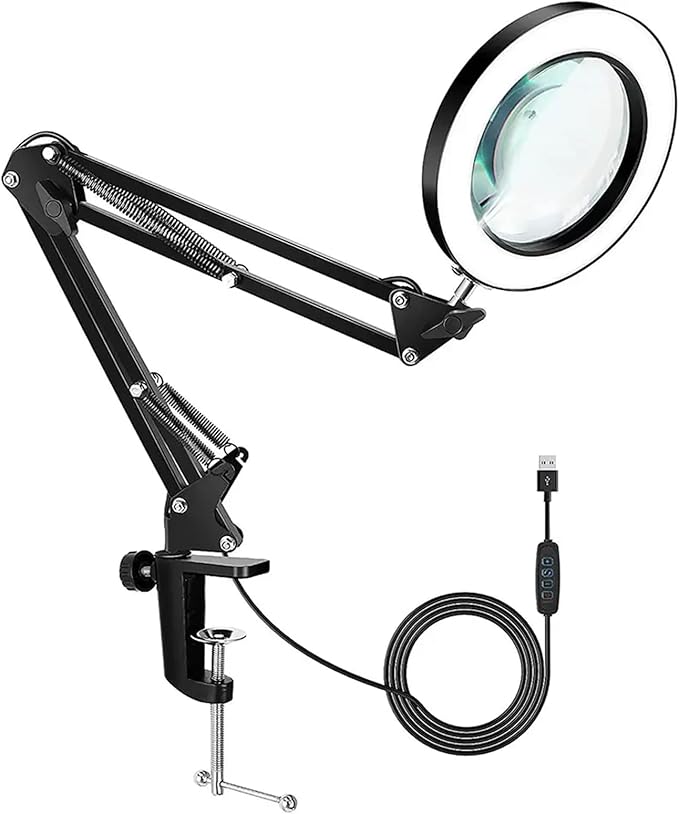 Desk Lamp with Magnifier and 3 Color Modes, 8X Magnification Table Lamp with Flexible Gooseneck and 3 Brightness Levels for Reading, Studying and Crafting