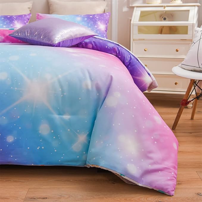 Holawakaka Girls Space Star Rainbow Glitter Comforter Set Ombre Galaxy Print Gradient Reversible Bedding Set Full Size Kids Bed Sets (Pink Lavender, Full)