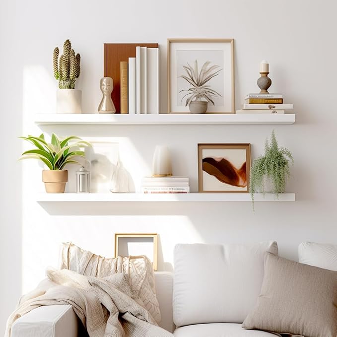 LaVie Home Floating Shelves, 36 Inch Wall Shelf Set of 2, Hanging Shelf with Invisible Brackets, Wall Decor for Bathroom, Bedroom, Living Room, Kitchen Storage, Modern White
