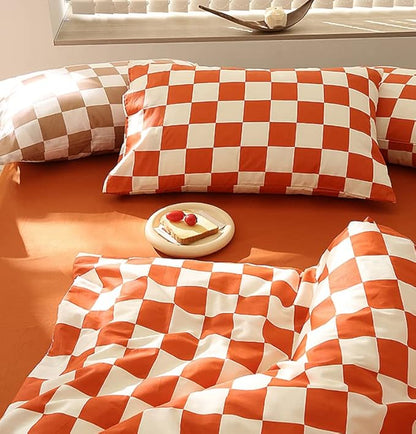 Orange White Grid Comforter Set Cal King Burnt Orange Plaid Bedding Set Women Reddish and White Checkered Bed Comforter Set Breathable Blanket Set Men Durable Bedding Comforter Set