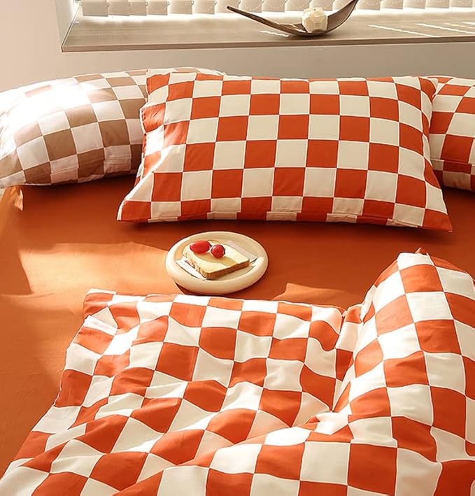Orange White Grid Comforter Set Twin Burnt Orange Plaid Bedding Set Girls Reddish and White Checkered Bed Comforter Set Breathable Blanket Set Kids Durable Bedding Comforter Set