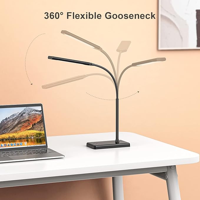 KEXIN LED Desk Touch Lamp with Wireless Charging & USB Charging Table Lamp 5 Color Modes 6 Brightness Levels Eye-Caring Gooseneck Desk Lamp for Home Office with Memory Function 1h Timer Bedside Lamp