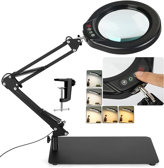 Veemagni 5 Inch Large Magnifying Glass with Light and Stand, 5 Color Modes Stepless Dimmable 10X Glass Lens, Hands Free 2-in-1 Desk Lamp & Clamp, LED Lighted Magnifier for Repair Crafts Close Work
