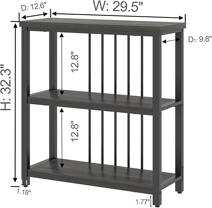 FOLUBAN 3 Tier Book Shelf, Modern Short Bookshelf for Small Space, Industrial Wood and Metal Bookcase for Bedroom, Living Room, Office (Dark Gray Oak)